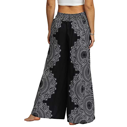 Nuofengkudu Mujer Hippie Largo Pantalones Dividir Pata Ancha Flores Estampados Sueltos Elegantes Comodos Thai Yoga Pants Verano Playa Vacaciones(Negro Floral A,S/M)