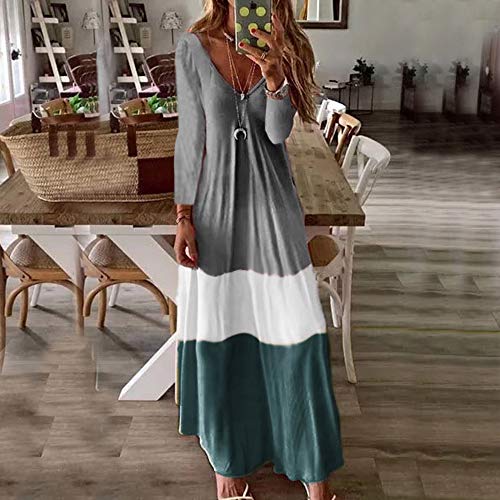 Odot Vestidos Largos Casual Tallas Grandes Manga Larga, Mujer Boho Suelto Cómodo Chic V Cuello Vestido Fiesta Elegante Sexy para Fiesta Verano Playa Cocktail + Tobilleras (XL,Gris)