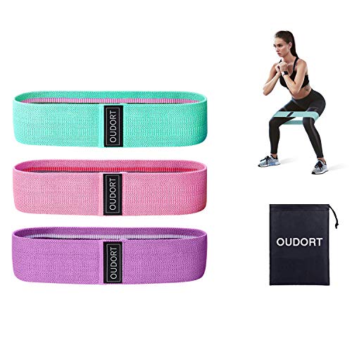 Oudort Bandas de Resistencia, Set de 3 Bandas Elásticas Fitness y Musculación de Tela 3 Niveles con Bolsa para Ejercicios de Gluteos, Cadera, Piernas y Brazos, Yoga, Pilates, Fitness, Crossfit