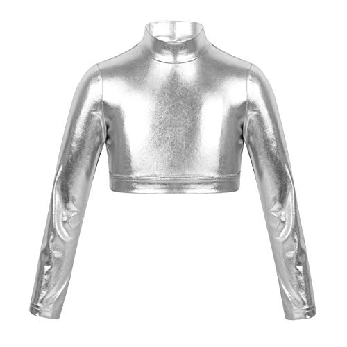 ranrann Top de Danza Ballet Manga Larga para Niña Maillot de Charol Brillante Leotardo de Gimnasia Rítmica Camiseta Deportiva Patinaje Fitness Plateado 14 Años