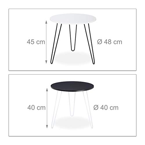 Relaxdays Mesa Auxiliar Redonda, Set 2 Unidades, Mesitas de Centro, DM-Hierro, Ø 40 y 48 cm, Blanco-Negro