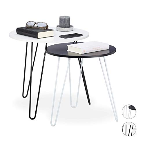 Relaxdays Mesa Auxiliar Redonda, Set 2 Unidades, Mesitas de Centro, DM-Hierro, Ø 40 y 48 cm, Blanco-Negro