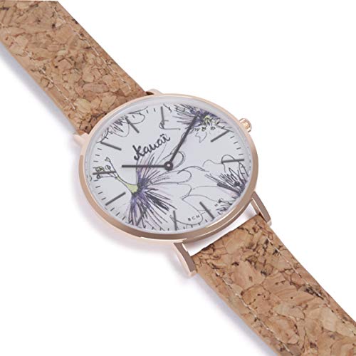 Reloj de Flores Mujer Napali Pua | Estampado | 38mm | Caja de Acero | Correa de Corcho Intercambiable | de Kauai watches