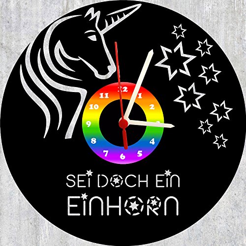 Reloj infantil de pared, diseño de unicornio, estrella, reloj de disco de vinilo con mecanismo de cuarzo y esfera de unicornio y estrellas