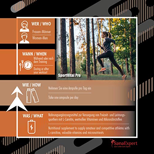 SanaExpert SportVital Pro, complejo multivitamínico para fortalecer el sistema inmunológico, no solo para deportistas, L-carnitina, 30 ampollas de 25 ml, dosis alta, naranja