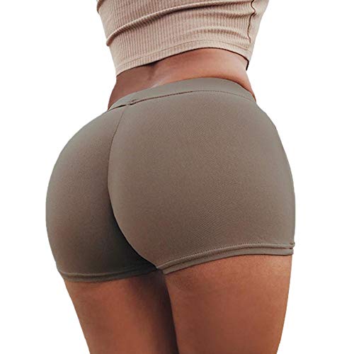 SHOBDW Pantalones de Verano Mujeres Shorts Deportivos Gimnasio de Moda Workout Waistband Skinny Yoga Short Pants (S, Café)