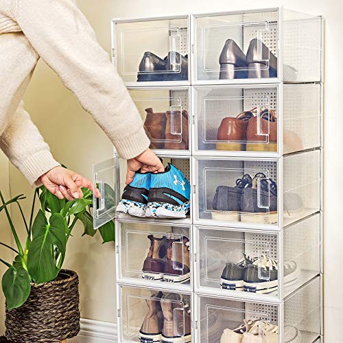 SONGMICS Cajas de Zapatos, Paquete de 18 Organizadores de Almacenamiento, Plegables y Apilables para Zapatillas hasta Talla 44, Transparente y Blanco LSP18MWT