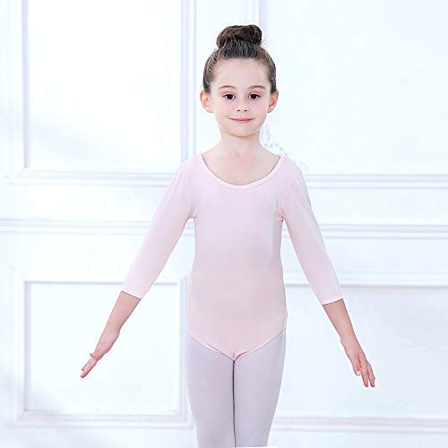 Soudittur Maillot de Ballet Danza Clásico para Niña Manga 3/4 Body Leotardo Gimnasia Ritmica (Rosa, Tag 100 (Height: 95-105 cm))