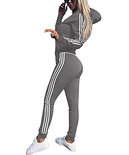 Udaderas Mujer Pantalones + Tops Conjunto de Chándal de Mujer Camisas Fitness Manga Larga Casual Jersey Chaqueta Hoodie&Pantalones (Gris, L)