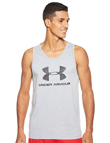 Under Armour Sportstyle Camiseta sin mangas con logotipo, ropa deportiva para hombres hecha de tejido ultrasuave, ancha camiseta de tirantes, Steel Light Heather/Steel Light Heather/Black (036), MD