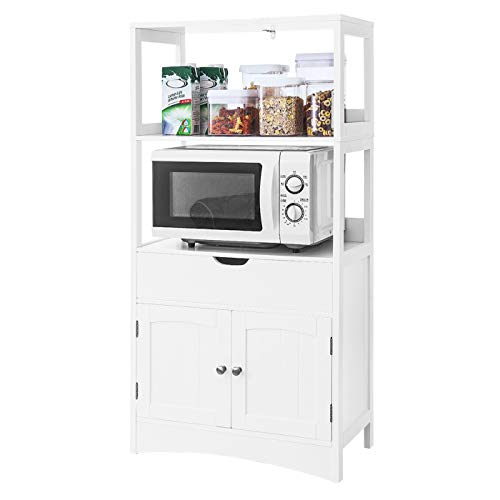 VASAGLE Gabinete de Baño con Cajón, Estantería Alta para Baño, Mueble de Baño Auxiliar con 2 Estantes Abiertos y Armario de Doble Puerta, para Entrada, Cocina, Sala de Estar, Blanco BBC64WT