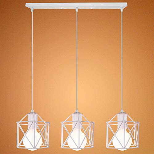 Vintage Lámpara Colgante Retro Industrial 3 Cabezas Luz de Techo Colgante Estilo Nórdico Iluminación Colgante para Cocina Comedor Oficina Salón (Blanco-con una barra de techo)