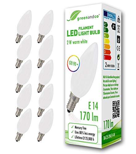 10x Bombilla de filamento LED greenandco® IRC 90+ E14 opaca 2W (corresponde a 18W) 170lm 2700K (blanco cálido) 360° 230V AC vidrio, sin parpadeo, no regulable