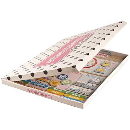 aeioubaby.com Calendario Reloj Magnético Infantil, Juego Educativo Fecha Tiempo y Hora para Pared o Frigorífico, 43x32cm. Caja Cumpleaños de niños en Colegio o Guardería (Español)