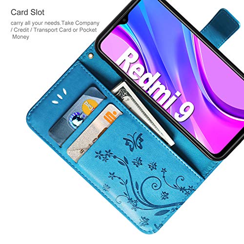 AROYI Funda Compatible con Xiaomi Redmi 9 y Protector de Pantalla, Relieve Dibujo Carcasa de Tipo Libro Soporte Plegable Ranuras para Tarjetas Magnético Ultra Delgado Carcasa Case, Azul