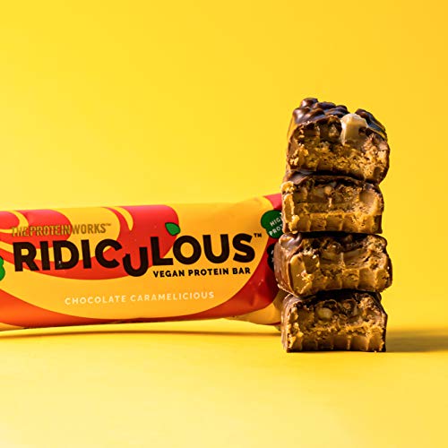Barrita Proteica Vegana Ridiculous | 100% A Base de Plantas | Sin Aceite de Palma | 15g Proteína y Baja en Azúcar | THE PROTEIN WORKS | Chocolate Caramelicioso | Caja de 9