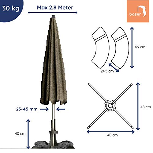 Baser Soporte para sombrilla con Sacos de Arena rellenables 30kg / 40kg / 50kg | Alternativa al Soporte de sombrilla de Granito con Ruedas | Recargable y con asa de Transporte (30kg, Gris Oscuro)
