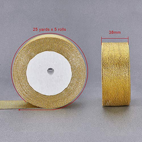 BENECREAT 114m (5 Rollos x 22m) 38mm de Ancho Brillo Superior metalico Chispa Tela Cinta para Boda, Vacaciones, Decoracion del hogar, Papel de Regalo (Oro)