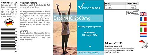 Betaina HCl 2600mg - 180 cápsulas - vegano - dosis alta