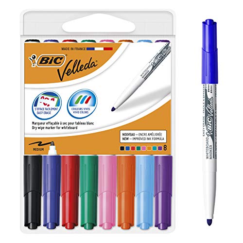 BIC Velleda 1741 marcadores de pizarra punta media para pizarra blanca – Caja de 8 unidades, colores surtidos, material oficina, material escolar