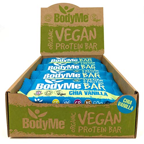 BodyMe Barritas Proteinas Veganas Organica | Cruda Chia Vainilla | 60g x 12 Barra Proteina Vegana | Sin Gluten | 16g Proteína Completa | 3 Proteina Vegetal | Aminoacidos Esenciales | Vegan Protein Bar
