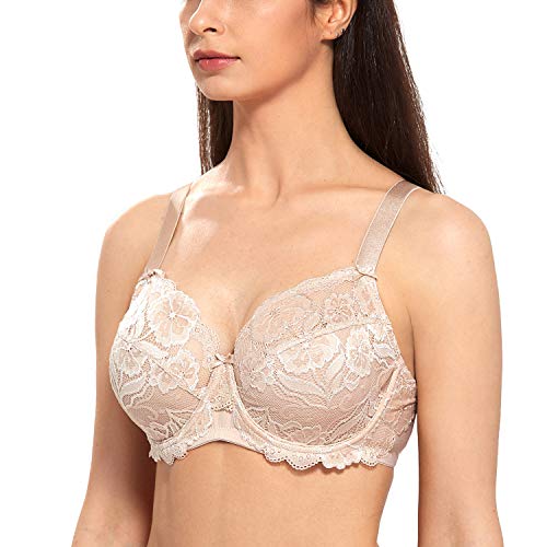 DELIMIRA - Sujetador Copa Completa En Encaje Elástico Floral para Mujer Beige 110D