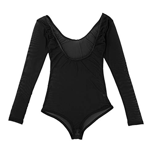 dPois Leotardo Manga Larga de Malla para Mujeres de Danza Maillot Gimnasia Rítmica Body Transparente Bodysuit Corte Alto Elático Dance Body Maillot Ballet Negro One Size