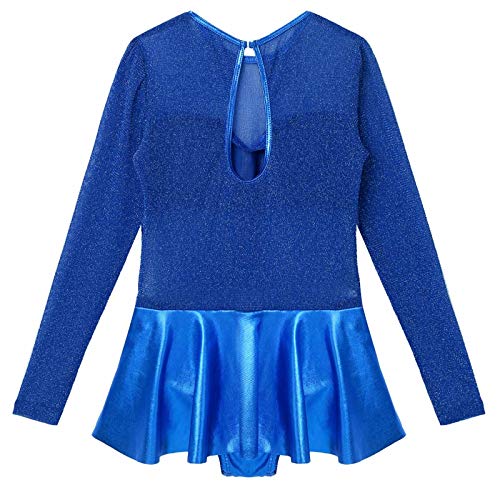 dPois Maillot Leotardo de Gimnasia Rítmica para Niñas con Falda Leotardo de Patinaje Artístico Manga Larga Brillos Metálicos Chicas Azul 9-10 años