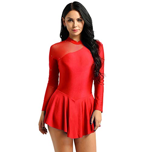 dPois Vestido de Patinaje Artístico Mujer Maillot de Patinaje Manga Larga de Malla Transparente Leotardo con Falda Gimnasia Body de Danza Espalda Abierto Rojo Small