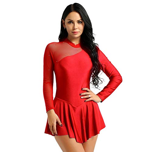 dPois Vestido de Patinaje Artístico Mujer Maillot de Patinaje Manga Larga de Malla Transparente Leotardo con Falda Gimnasia Body de Danza Espalda Abierto Rojo Small
