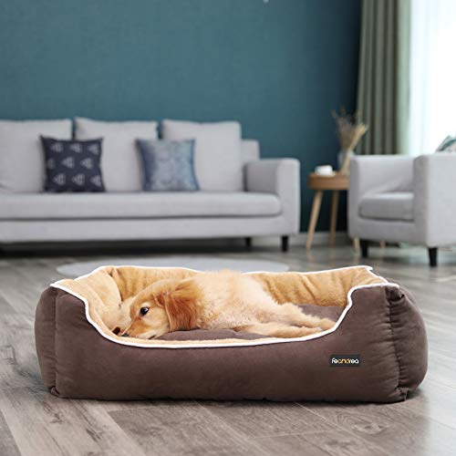 FEANDREA Cama para Perros, Sofá para Perros, Cesta para Perro, con Cojín Extraíble, 90 x 75 x 25 cm, Marrón y Beige PGW06YC