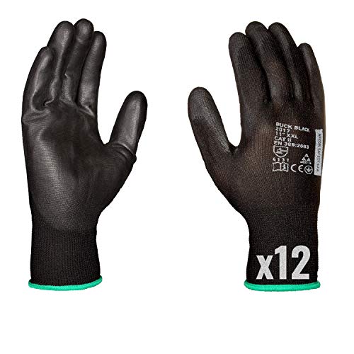 Guantes de Trabajo (12 Pares) - Guantes Antideslizantes sin Costura - Cómodo de Usar, Ideal para Reparaciones, Industria automotriz, Acabado, Servicio de Coche, Taller (6, Negro)