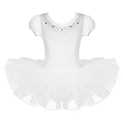 IEFIEL Vestido Tutú de Princesa para Niña Vestido de Danza Ballet Manga Corta Disfraz de Bailarina Elástica con Braguita Interior Maillot Gimnástico Traje de Patinaje Blanco A 7-8 años