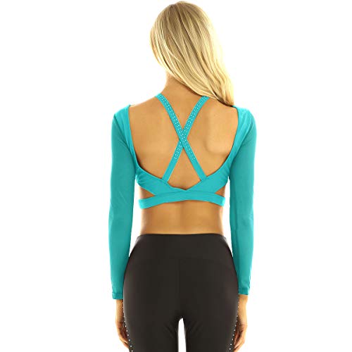 inhzoy Camiseta de Danza Ballet Diamantes para Mujer Top de Danza Contemporánea Manga Larga Espalda Cruzada Ropa de Baile Gimnasia Dancewear Teal Small