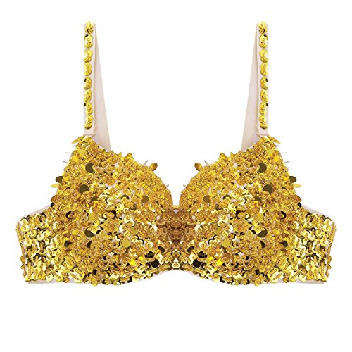 inlzdz Mujer Ropa Interior Sujetador con Lentejuelas Brillantes Bra Top de Danza de Vientre Traje para Fiesta Actuación Clubwear Dorado 38A, 38B, 38C