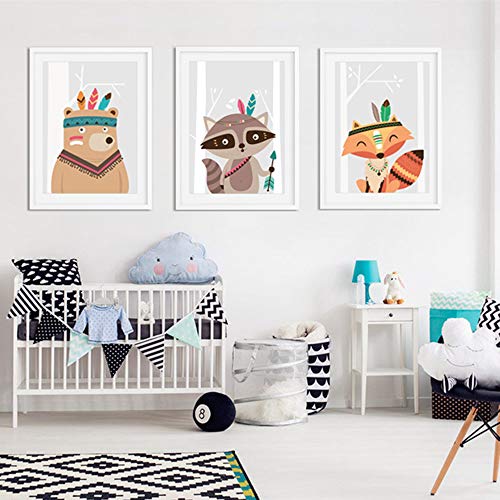 Juego de 3 Cuadros Infantiles Niño Pósteres Animales Láminas Zorro Oso Mapache Impresiones sobre Lienzo Decoración Habitación Bebé pared Regalo Sin Marco NPTWC009-M