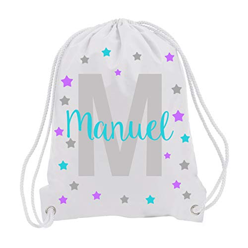 Kembilove Mochila Personalizada con Nombre Infantil – Mochilas Saco Personalizadas con el Nombre del Niño o Niña – Mochila Cuerdas Vuelta al Cole de Estrellas Azul-Morado