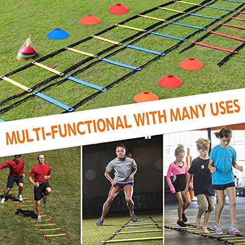 Kit de entrenamiento de velocidad de agilidad de 19 m, escalera plana + 10 unidades Disc Cones Speed ​​​​​​​​​escalera de entrenamiento con bolsa de almacenamiento para entrenamiento atlético (azul)