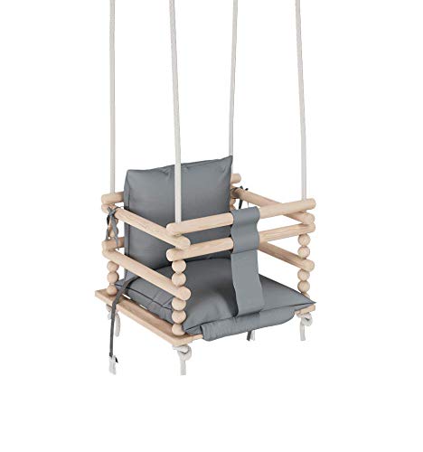 MAMOI - Columpio para niños, Columpio 3 en 1 + cinturón de Seguridad, Columpio para niños pequeños, Columpio para bebé y Columpio, Columpio de Madera para niños … (Grau, Hellgrau)
