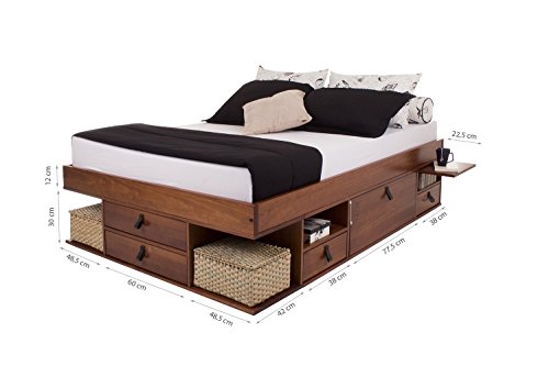 Memomad Cama Funcional Bali 160x200 cm - Estructura con Mucho Espacio de almacenaje y cajones, Ideal para dormitorios pequeños - Cama de Madera Maciza de Pino - Precio Incl. somier de Madera