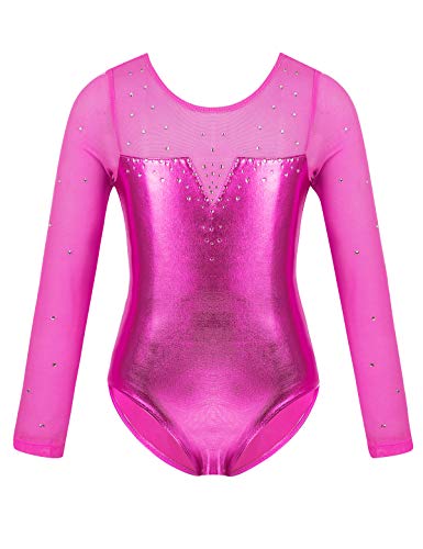 MSemis Maillot Patinaje Artístico Competición para Niñas Maillot Manga Larga Body Gimnasia Rítmica Leotardo Danza Ballet Clásica Ropa Brillante Disfraz Bailarina Rendimiento Rosa A 7-8 años