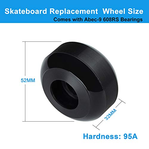 NONMON 4Pcs Ruedas de Skateboards 52mm 95A con 8Pcs Rodamientos ABEC9 608RS,Ruedas y Cojinetes de Repuesto para Skateboard Monopatín Patines Cuatro Roller Pennyboard,Negro
