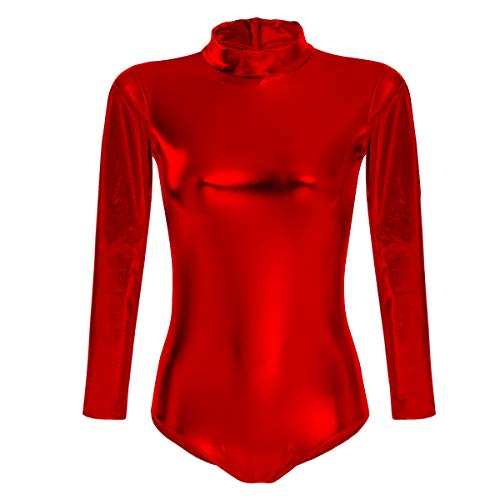 OBEEII Mujer Maillot de Ballet Danza Leotard Ballet Manga Larga Cuello Alto una Pieza Dancewear Bodysuit Rojo 2XL