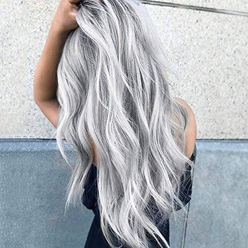 Pelucas de onda gris plateado para mujer con raíces oscuras, largas onduladas, resistentes al calor, para uso diario, fiestas, Halloween, aspecto natural (gris oscuro degradado)
