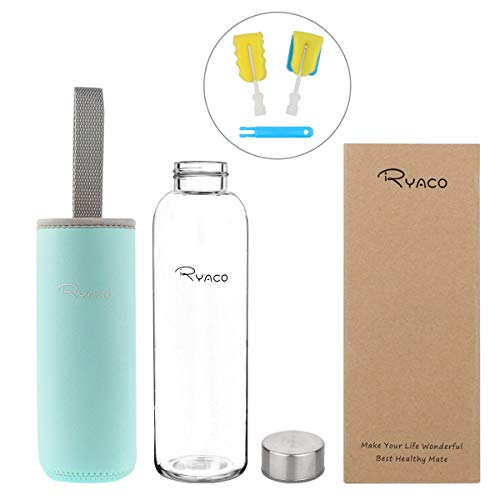 Ryaco Botella de Agua Cristal 550ml, Botella de Agua Reutilizable 18 oz, Sin BPA Antideslizante Protección Neopreno Llevar Manga y Cepillo de Esponja