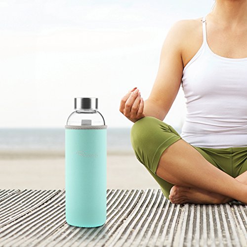 Ryaco Botella de Agua Cristal 550ml, Botella de Agua Reutilizable 18 oz, Sin BPA Antideslizante Protección Neopreno Llevar Manga y Cepillo de Esponja