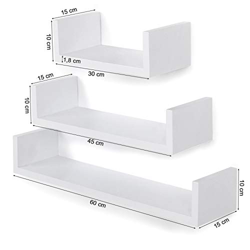 SONGMICS Set de 3 Estantes de Pared, Estantes Flotantes, 30/45/60 cm, Acabado Brillante, Decorativos, Creativos, para Habitación, Salón, Cocina, Pasillo, Capacidad de Carga de 15 kg, Blanco LWS66W