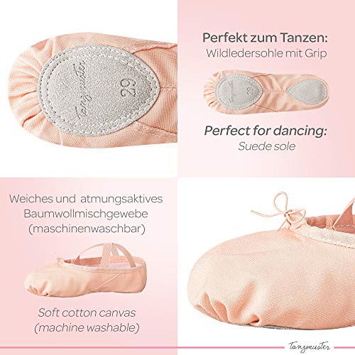 tanzmuster Zapatillas Media Punta de Ballet - Lino, Suela Partida de Cuero - Rosa Albaricoque - Talla: 33
