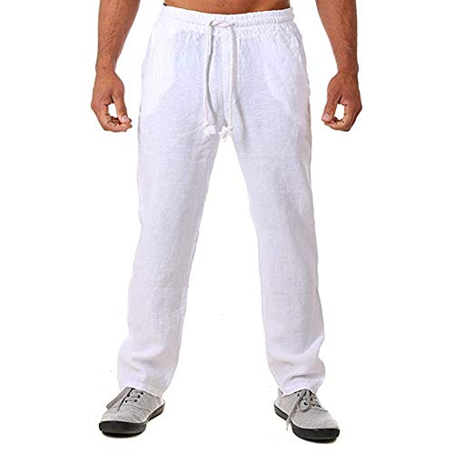 VANVENE Pantalones deportivos de lino con dobladillo abierto para hombre, estilo casual, holgado, elástico, con cordón, para yoga, playa, color blanco, XL