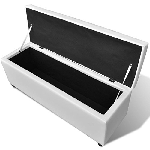vidaXL Banco Baúl Acolchado Madera Tela PVC Blanco Banquito Cofre de Pasillo
